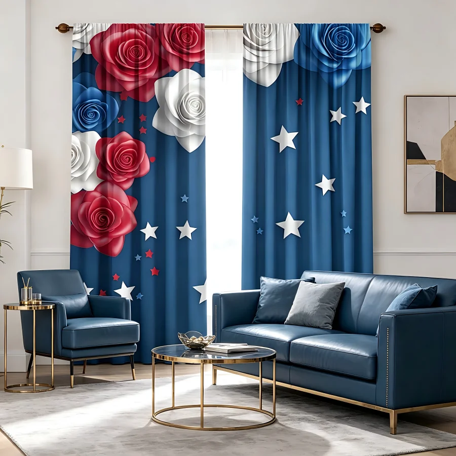 2PCS Digital Print  Curtain, Red Blue White Rose, Bohemian Style  Curtain Panel for Home Living Room Bedroom Decor