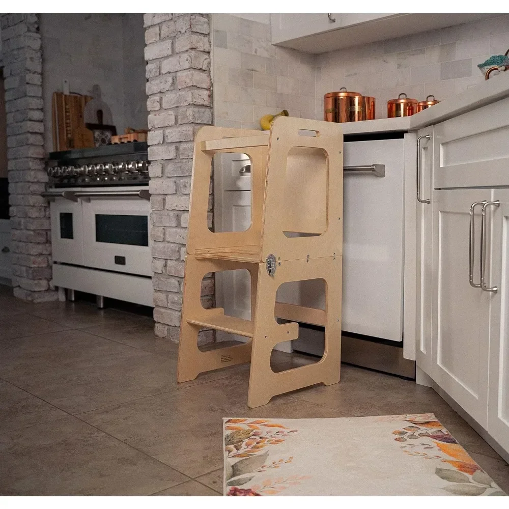 

4-in-1 foldable kitchen tower with blackboard and toddler footstool suitable for children aged 18 months to 6 years old