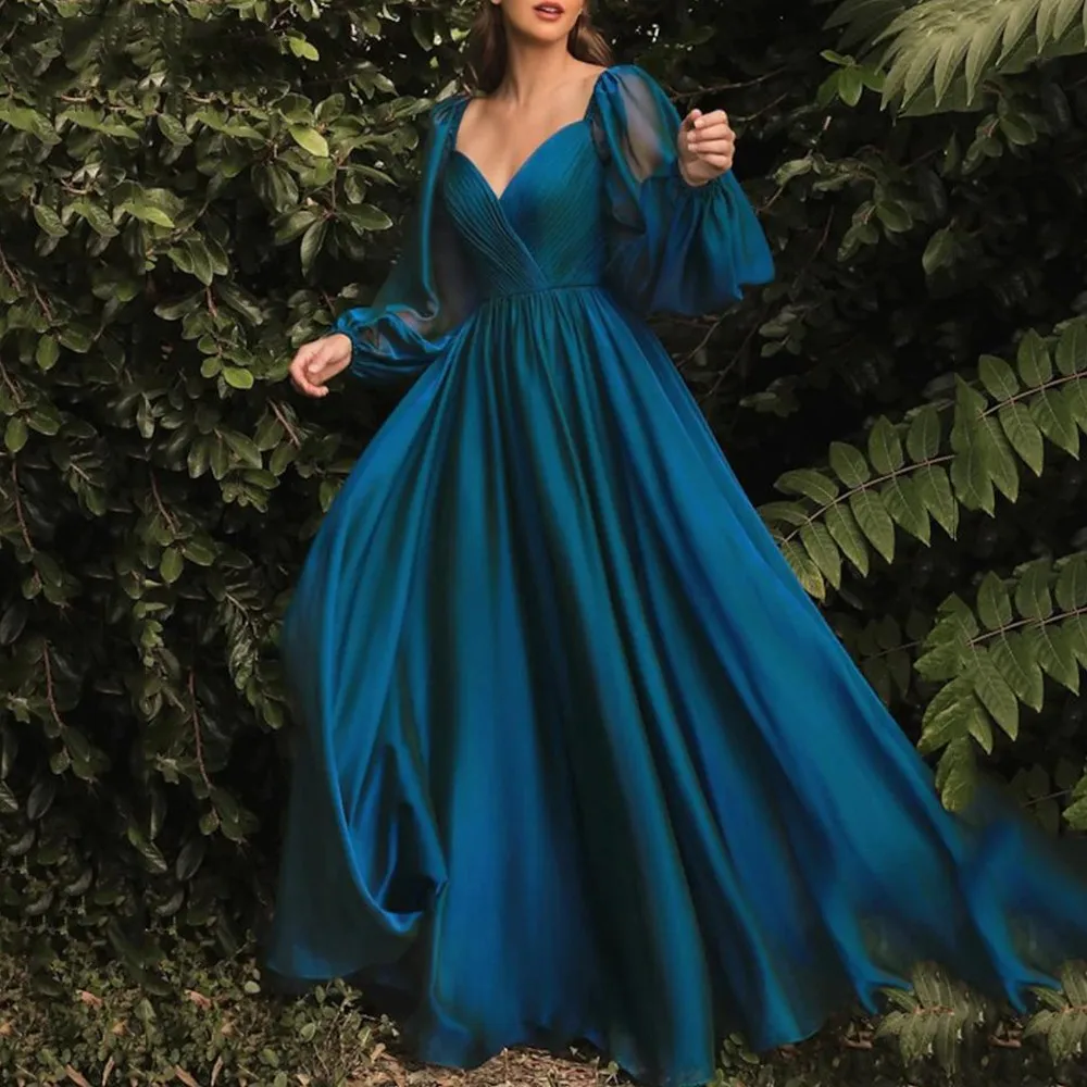 Elegant Blue A-Line Evening Dress V-Neck Backless Formal Floor Length Puff Long Sleeves Gowns Pleats Chiffon For Women 2023