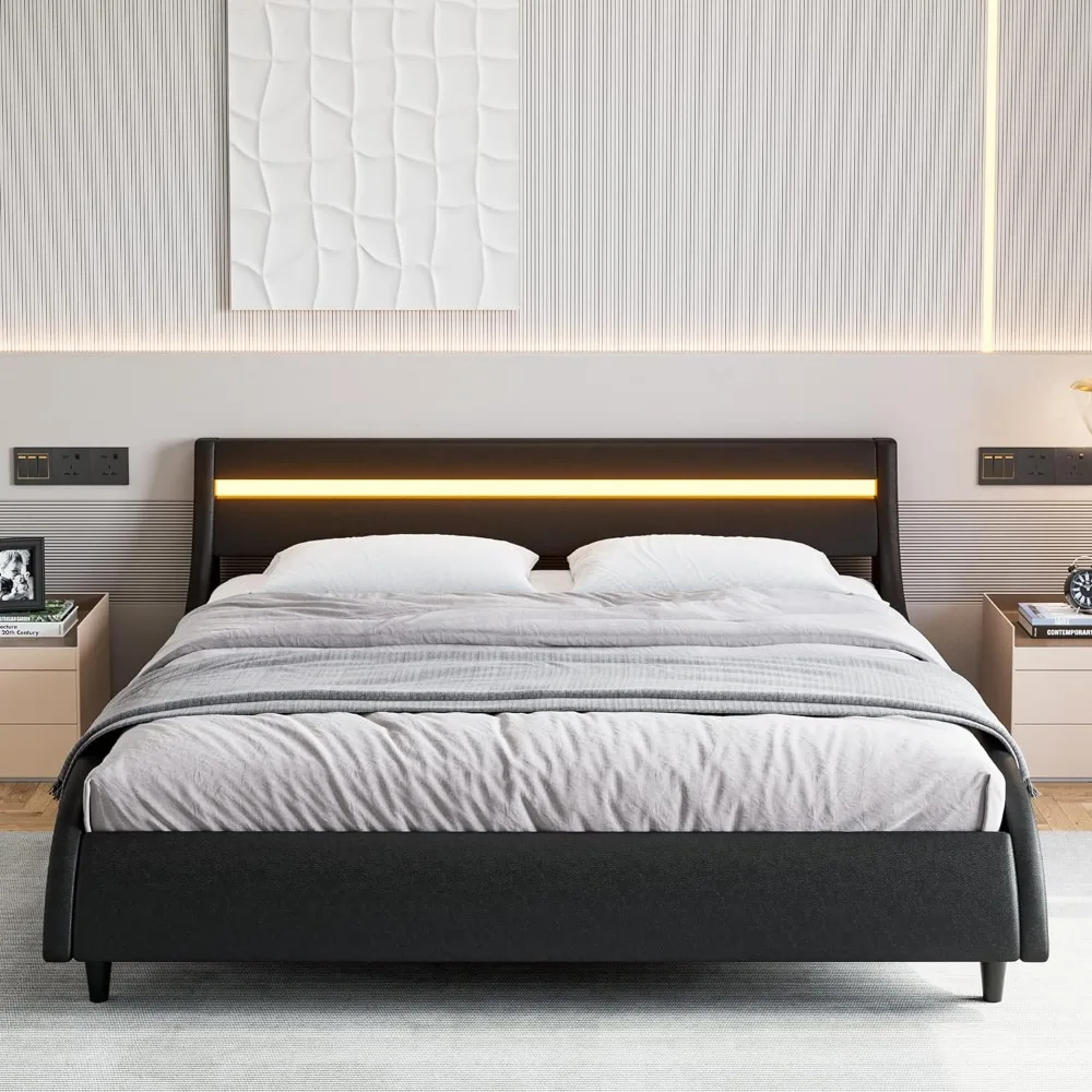 King Size Bed Frame with LED Lights and Curved Headboard, Strong Wood Slats Support, Modern Upholstered Platform Bed Frame