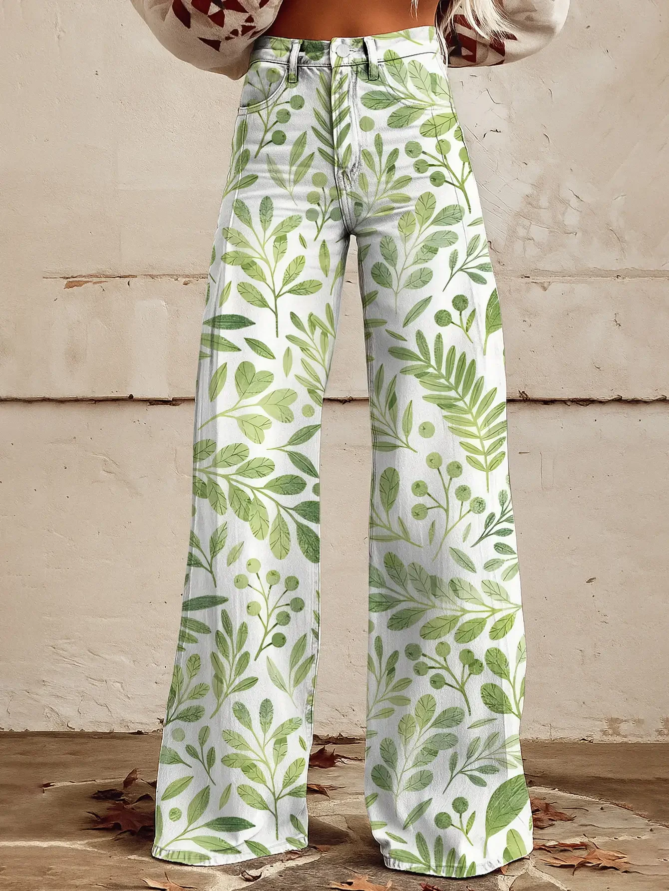 

Ladies' casual jeans with colorful western prints and loose wide leg design, Spring is in the air.