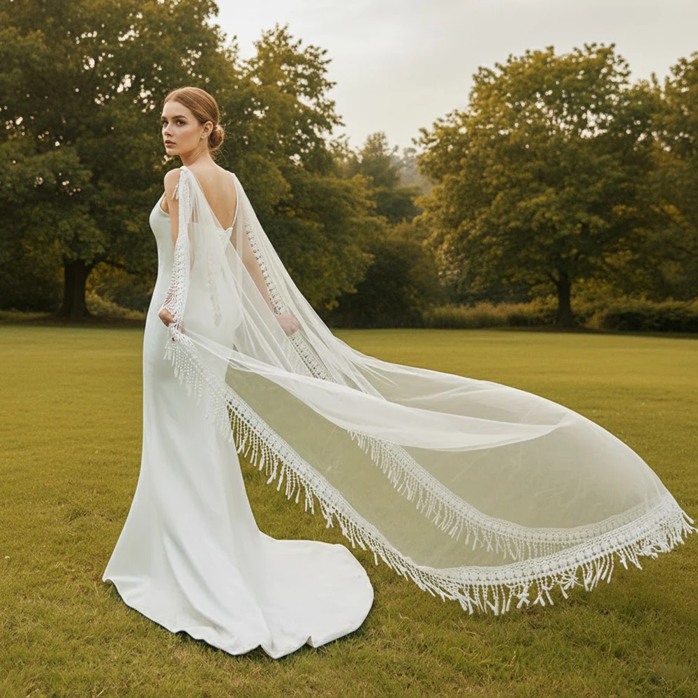 

bride women wedding party Fringe tassel lace long train gorgeous elegant unique cathedral flowy apparel accessories shawl VPG14