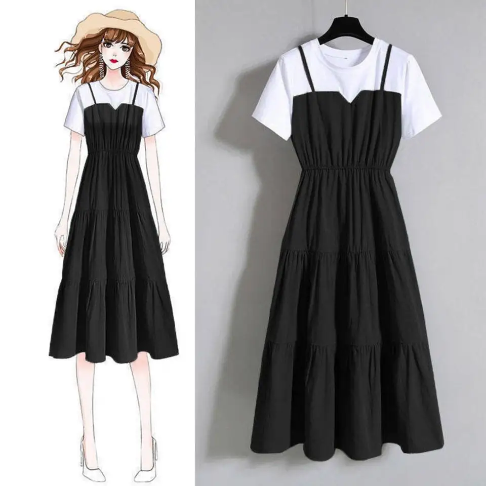 Vestido de verano 2024 de moda, dos piezas falso con tirantes, manga corta, ajustado a la cintura para mujer 5