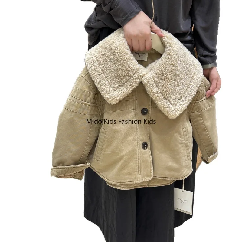 2025 شتاء جديد الفراء سخية طوق موضة الفتيات قصيرة سميكة سترة سترة سترة قطن 90-150 سنتيمتر