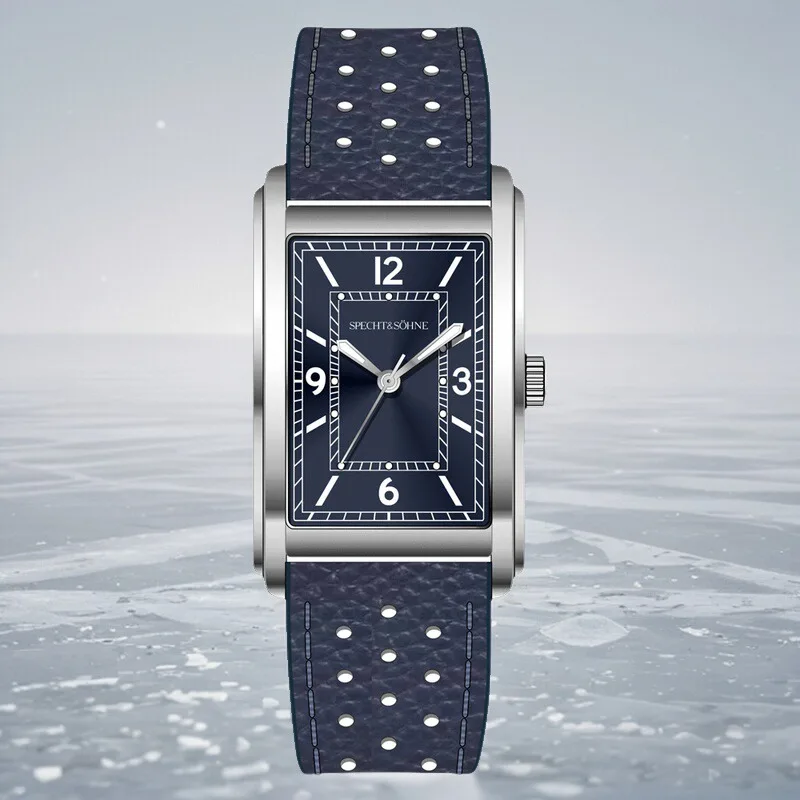 

New 28MM Square Quartz Watch For Men VH31 Movt Sports Watches Blue Stainless Steel Sapphire Crystal Leather Strap Waterproof
