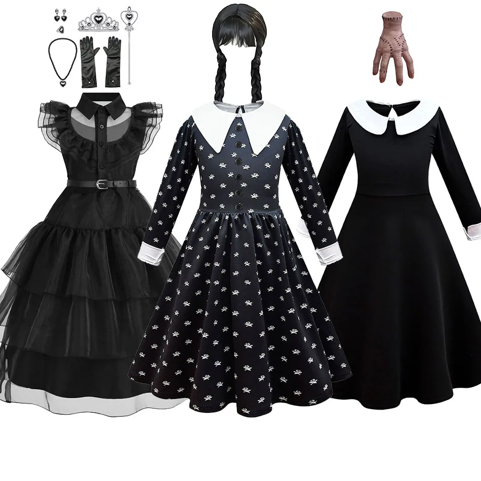 Children Addams Costume Baby Girls Family Cosplay Halloween Costume Kids Family Dancing Black Dress Wednesday Pageant Fantasy