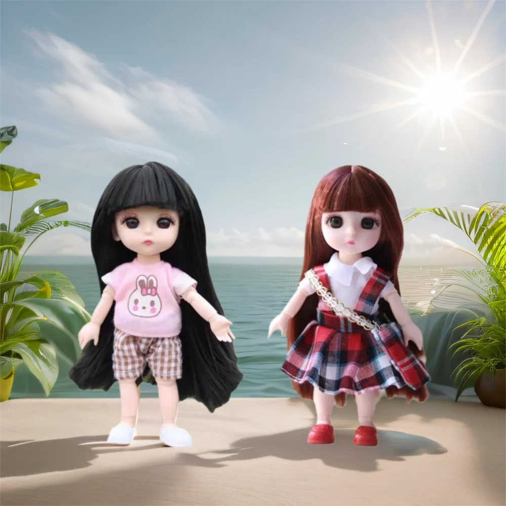 Boneca bjd 1/12 com roupas e olhos azuis, mini boneca de menina com roupas e sapatos, 13 articulações móveis