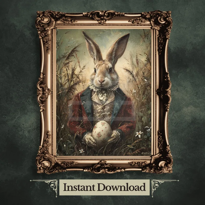 Victorian Easter Bunny Rabbit Wall Art Spring Animal Portrait Painting Vintage Hare Artwork Dark Academia Poster Goth Decor