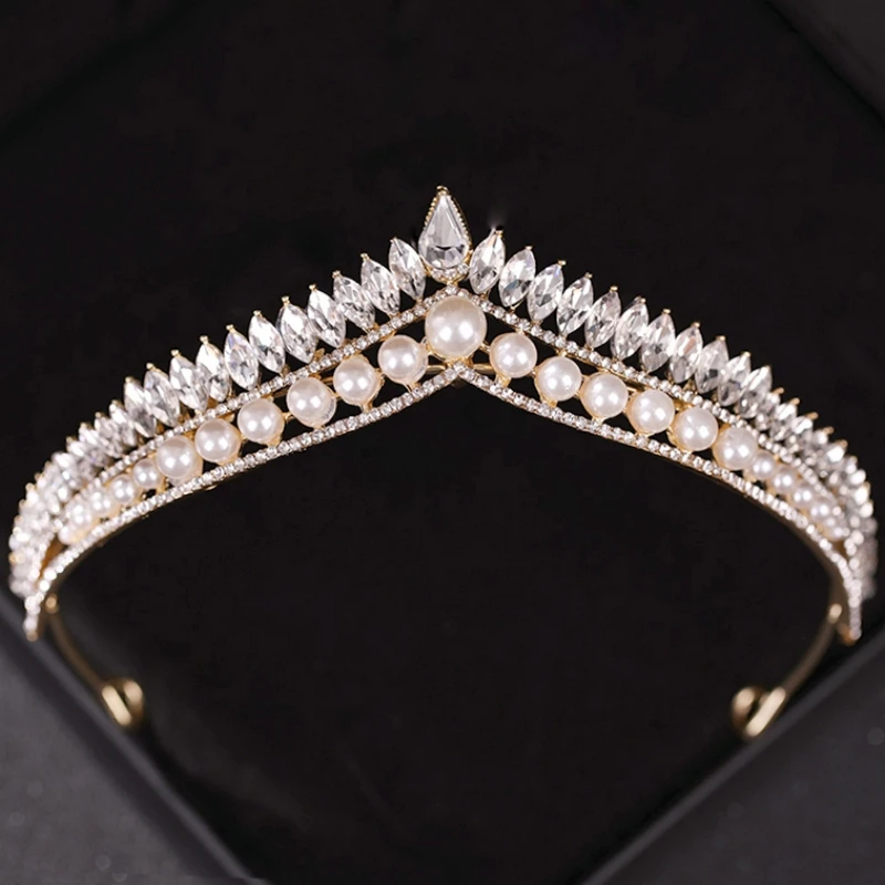 Baroque Vintage Pearl Crystal Crown Tiara Rhinestone Prom Diadem Headband For Women Bridal Wedding Hair Accessories Jewelry Gift