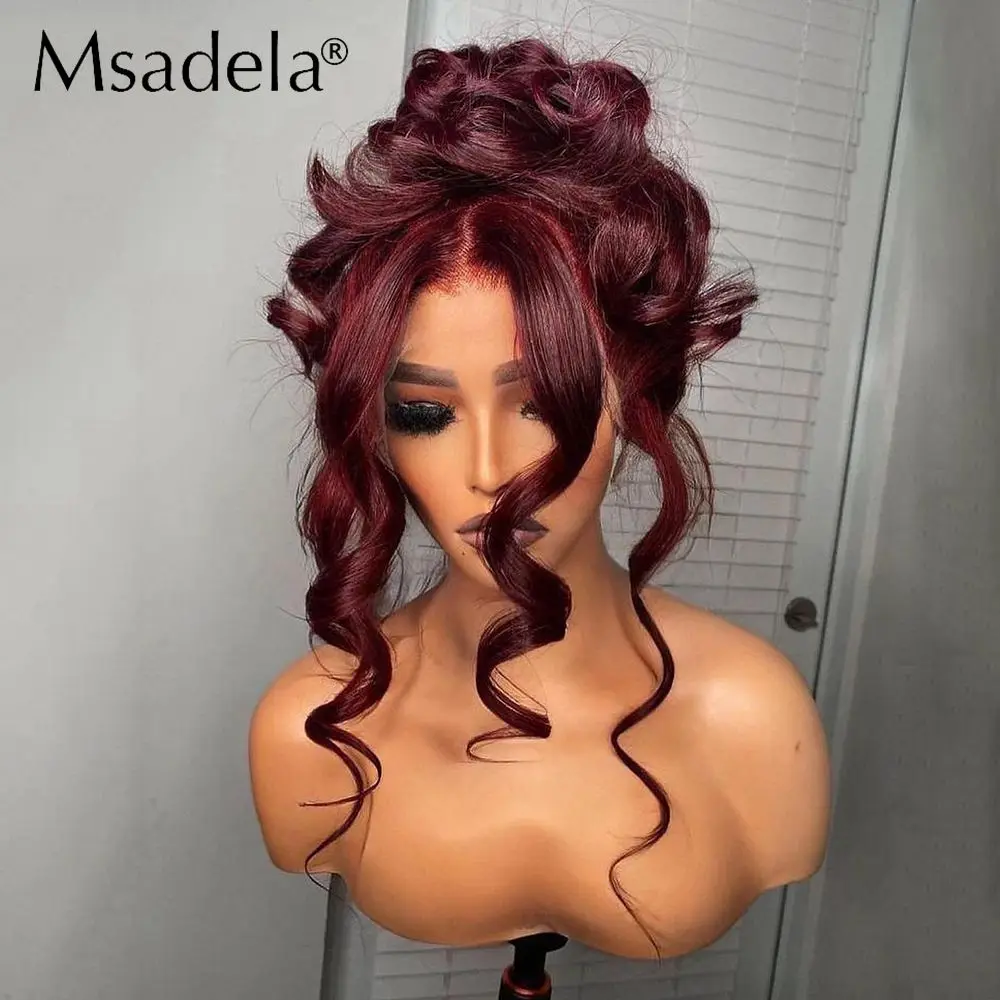 Burgundy Red Color Loose Wave Synthetic Wig Drag Queen Transparent 28Inch Daily Cosplay 13X4X1 Lace Front Wigs For Black Women