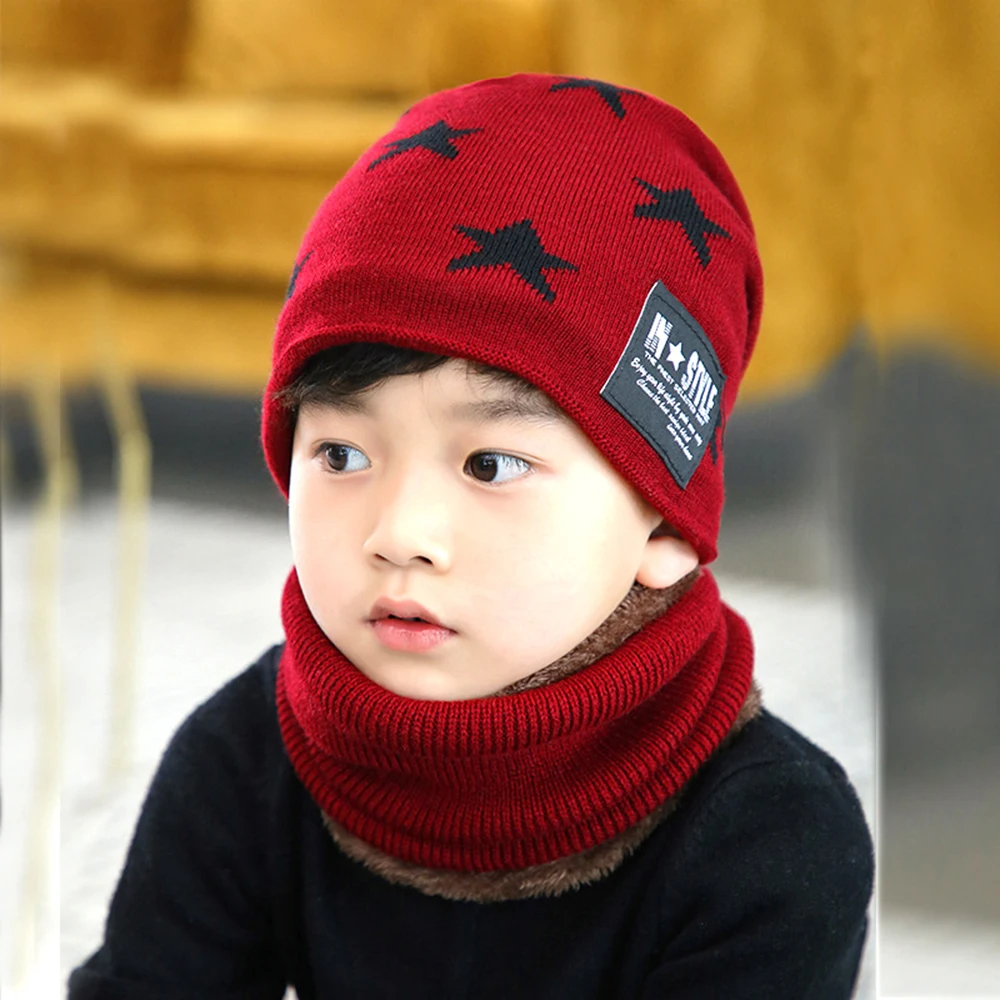 Children\'s Winter Woolen Hats Scarf Set Baby Boys Girls Korean Thick Warm Knitted Star Pattern Beanie Hat Kids