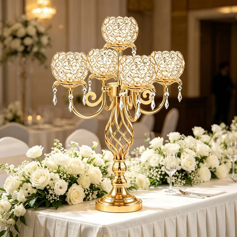5-Heads Crystal Candelabra Centerpiece, Gold or Silver Metal Candle Holder Stand with Twisted Base, Tabletop Ornament for Weddin