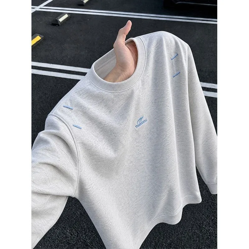 Men Embroidered Long-sleeved Sweatshirts Merican Style Round Neck Straight-shoulder Pullover Loose Trend Splicing Sweatshirt