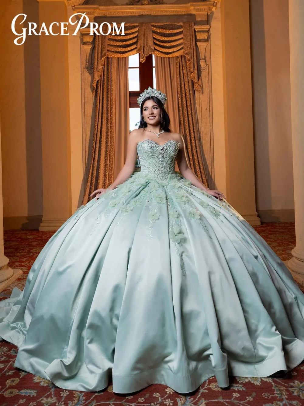 Enchanting Mint Green Appliques Ball Gowns Elegant Satin Quinceanera Dresses For Girls Sweetheart Corset Lace Up Vestidos De