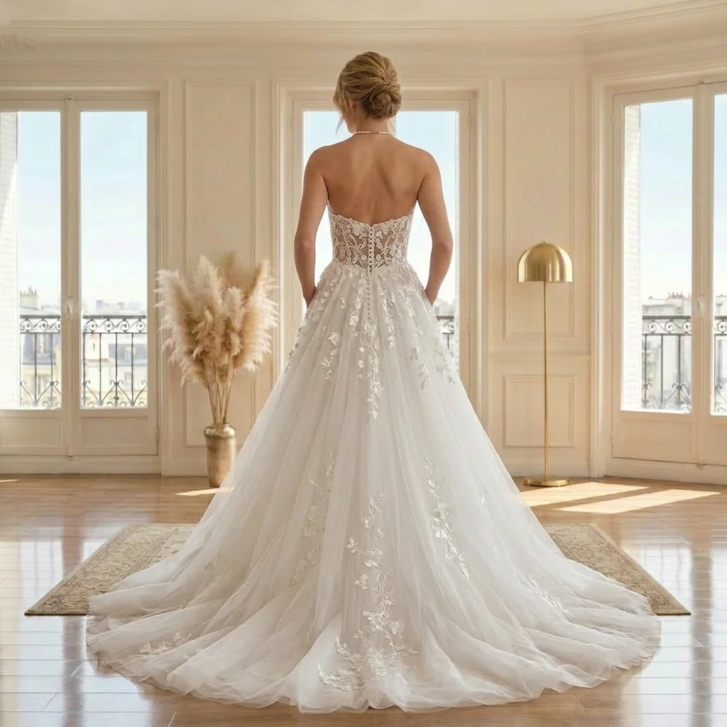Strapless Sweetheart Lace Tulle A Line Wedding Dress with High Slit, Pockets & Sheer Corset Bridal Gown