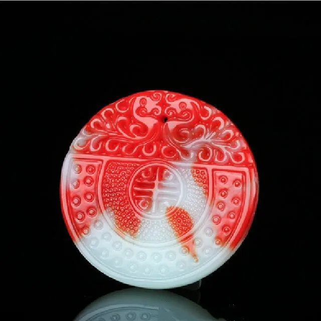 

Xinjiang Hetian Jade Chicken Blood Longfeng Chengxiang Round Simple Joker Pendant for Men and Women