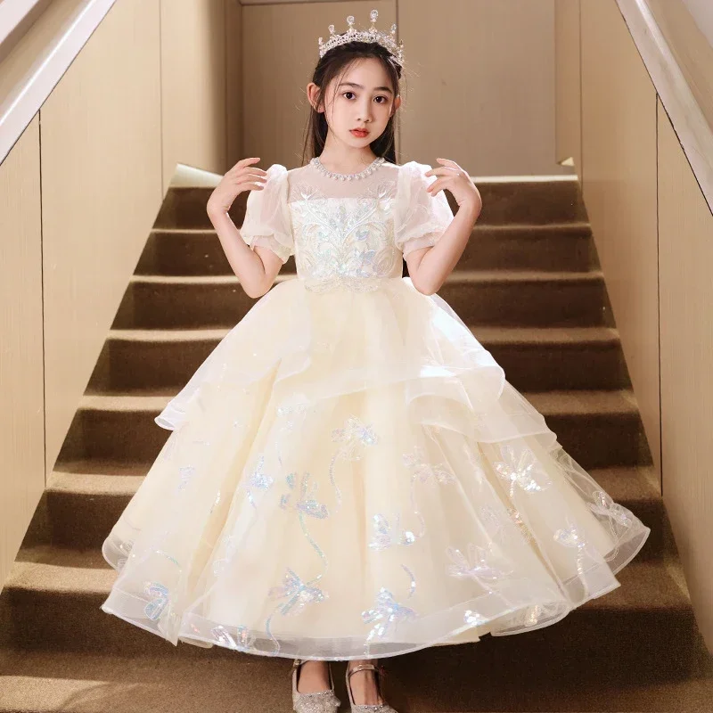 High-end Flower Girls Dresses Elegant Puff Sleeve Children Kids Gauze Vestidos Princess Sequins Wedding Christmas Party Dress