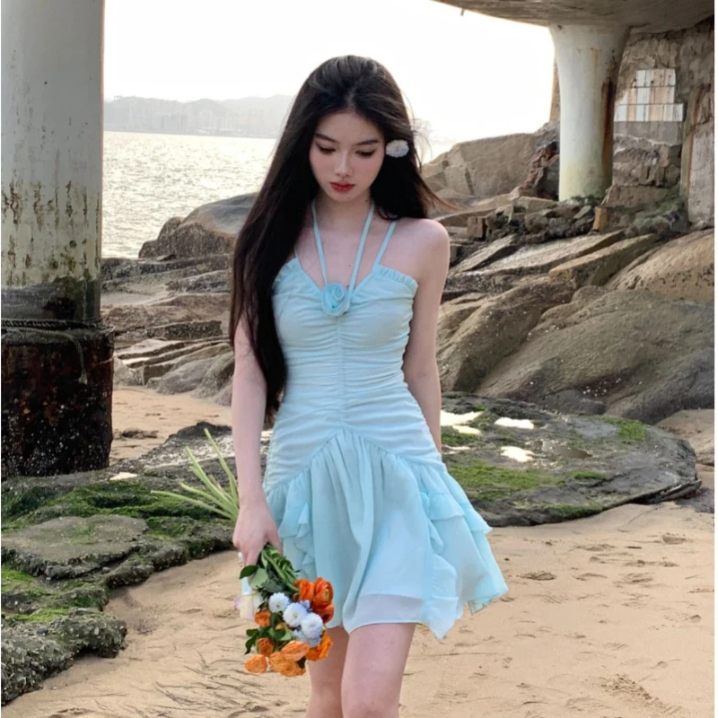 

New Niche Design Bingcui Haiyan Blue Waist Pure Sexy Sling Sweet Irregular Dress