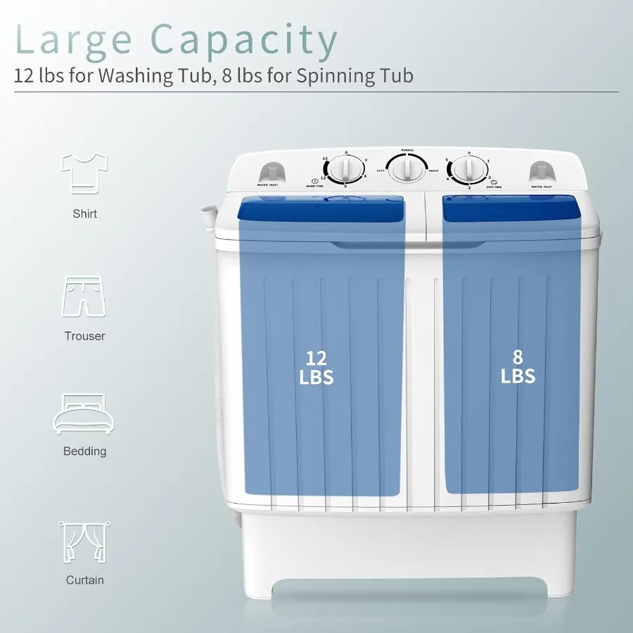 Portable Washing Machine Twin Tub with 20 Lbs Total Capacity Featuring Compact Laundry Washer 12 Lbs and Spinner (8 Lbs) Durabl