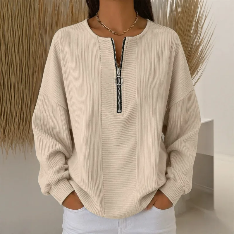 New Round-neck Snake-bone Pattern Semi-zipper Loose Long-sleeved Top Women From Europe and America Cross-border Fashion Simple