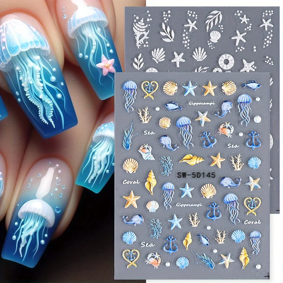 5D Jellyfish Summer Beach Nail Stickers White Shell Starfish Screw Adhesive Sliders Mermaid Embossed Decals Manicure Foils Decor