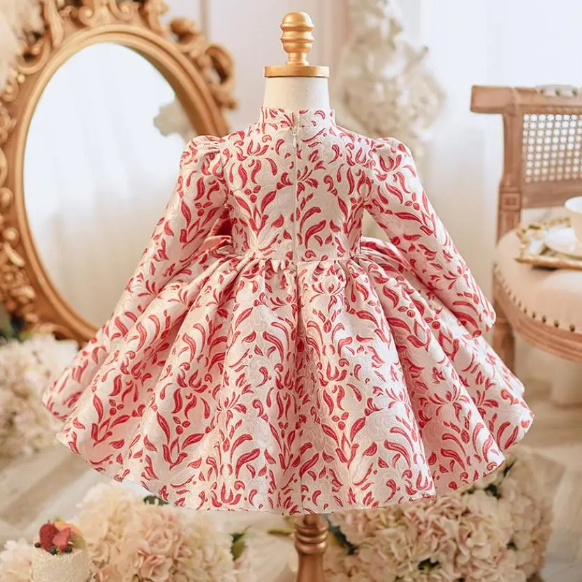 Children's Evening Gown Bow Long Sleeve Print Design Kids Catwalk Wedding Birthday Baptism Eid Party Girls Dress A3422