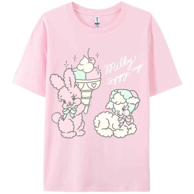 

Cartoon Printed Women T-shirt New Simple O-neck Basic Pullover Korean College Sweatshirt 2024 Summer Tee Shirt