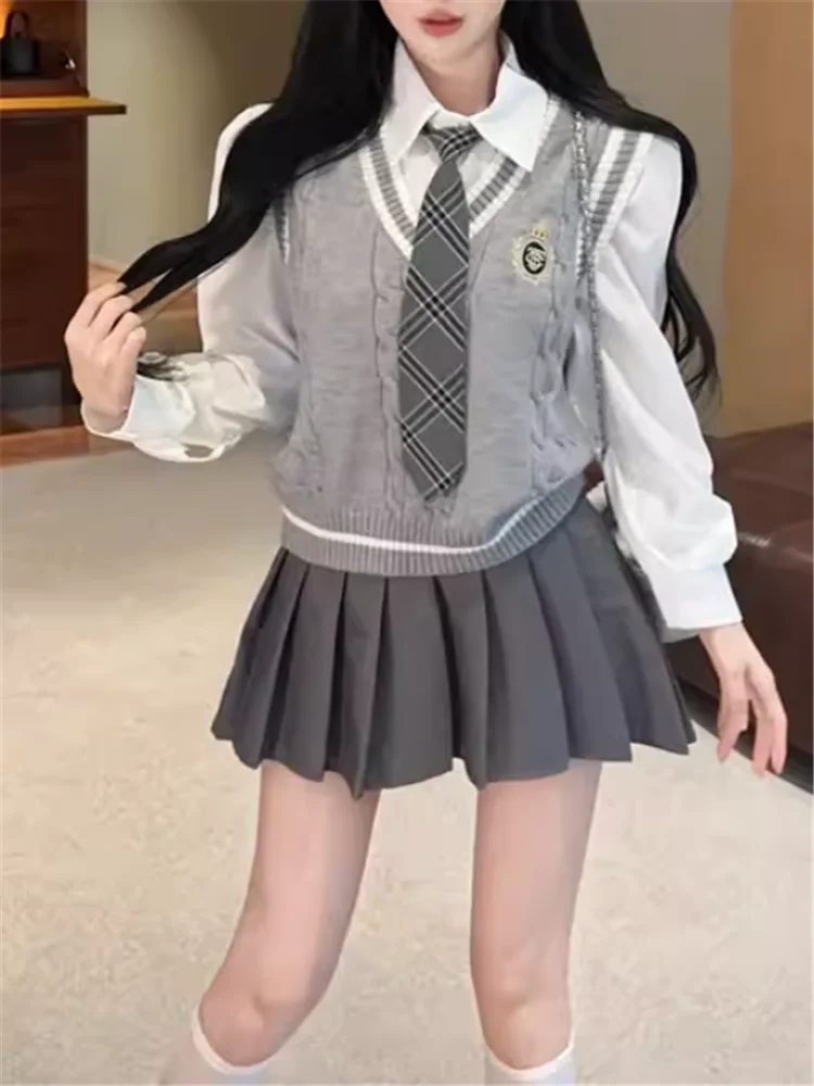 

Korean College Style 3 Pieces Matching Suits Student Girl White Shirt with Tie&Knitted Vest&Pleated Mini Skirt 3pc Uniform Sets