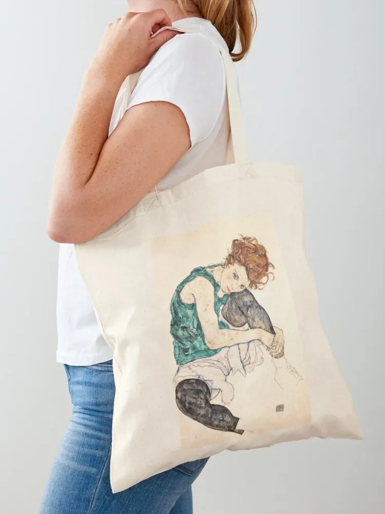 Woman sitting kneeling bent, Egon Schiele Tote Bag Big bag Women's bag tote