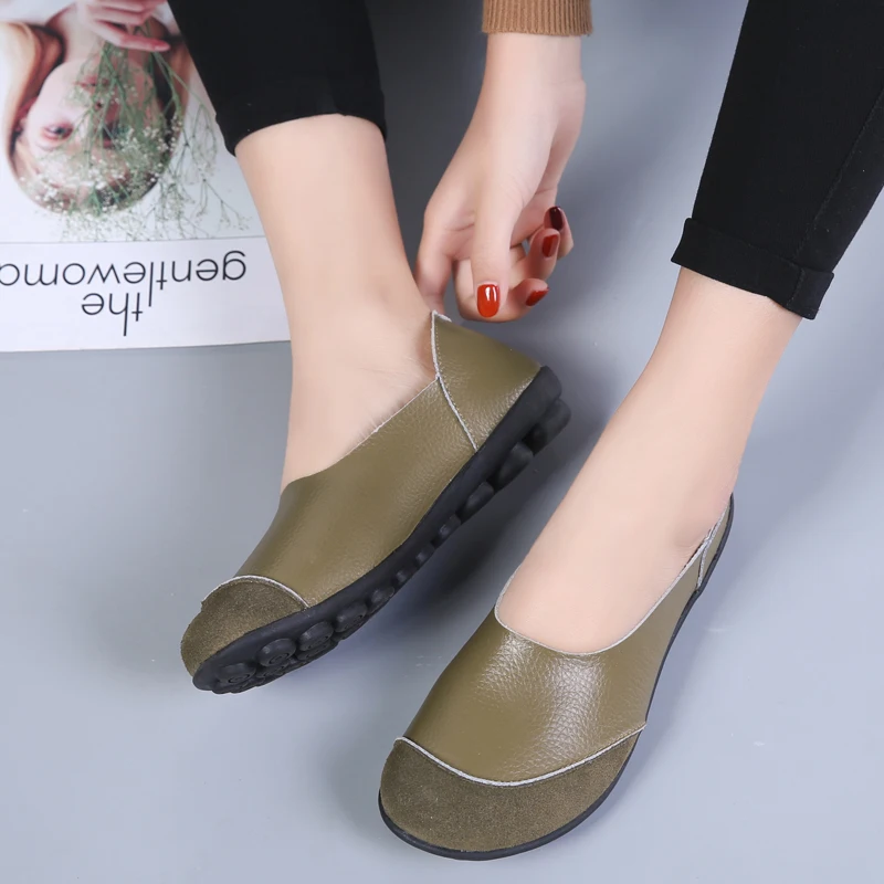 2022 New Ladies Shoes Woman Split Genuine Leather Woman Flats Slip On Woman\'s Loafers Female Moccasins Shoes Plus Size 35-44