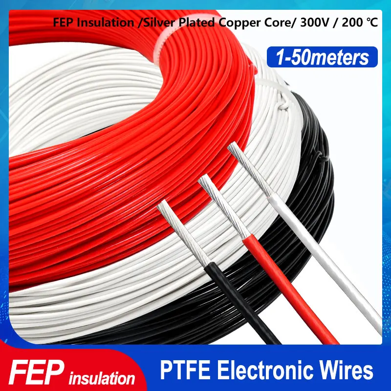 

1~50m Black Red White PTFE Wire FEP Insulated Silver Plated Copper Cord OFC DIY Audio Speaker Headphone HiFi Signal Cable