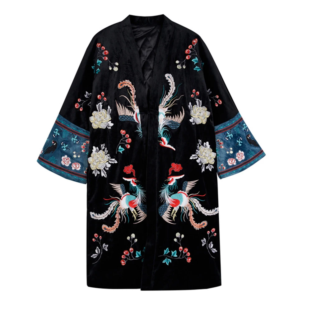 Fashion Mid length Cardigan Coat Women Phoenix Embroidery Vintage Chinese National Velvet Overcoat Cotton Jacket Embroidered