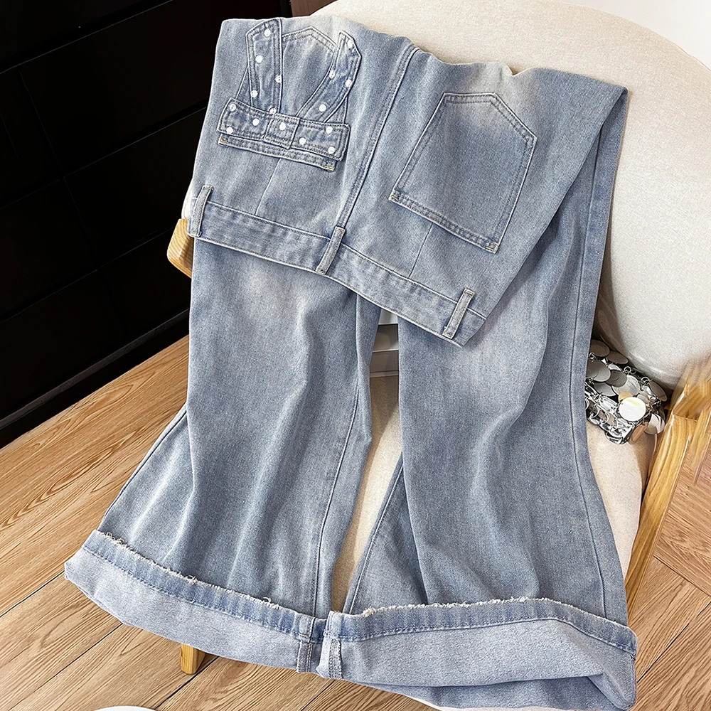 

Модные синие джинсы в горошек с бантом и карманами, женские американские ретро широкие брюки с высокой талией, новинка 2025 года, повседневные прямые свободные джинсовые брюки