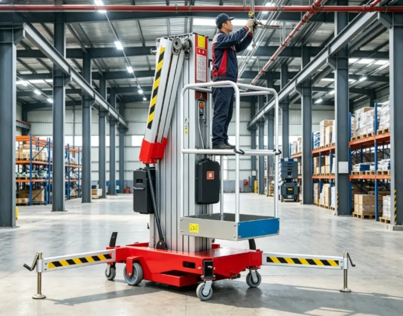 Rechargeable Aluminum Alloy Lifting Platform, Self Propelled Single Mast Aluminum Lift 250kg Vertical Aerial Work Platform