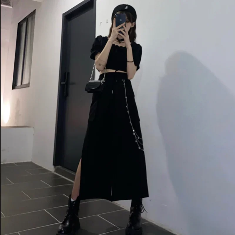 New Summer Fashion Black Skirt Women Korean Casual Streetwear Skirts with Chain Big Pocket Cargo Skirt Female for XS-2XL