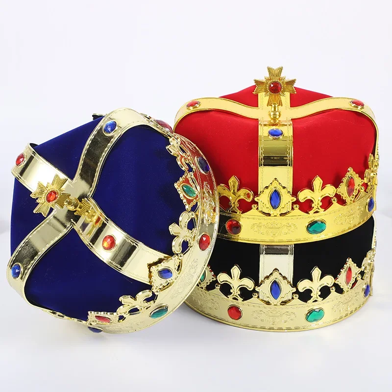 Royal King Queen Crown And Scepter Red Felt Imperial Jeweled Hat Adult Children Party Show Perform Cosplay Dress Up Accessory