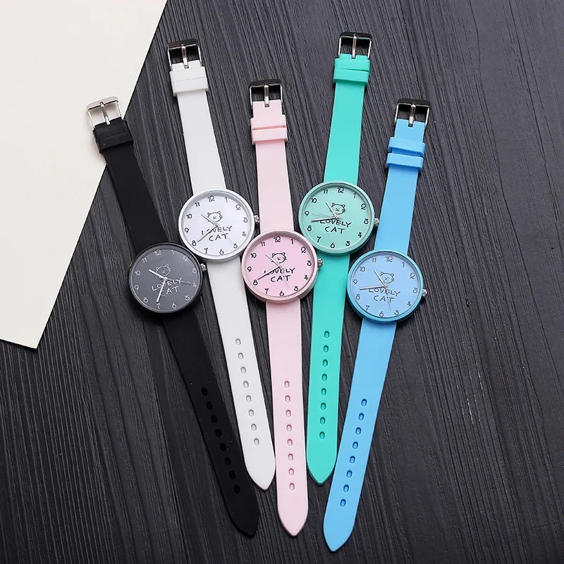 Candy Color Students Watches Cartoon Kids Quartz Watch Silicone Strap Clock Fashion Cat Watches Children Wristwatch Ladies Reloj