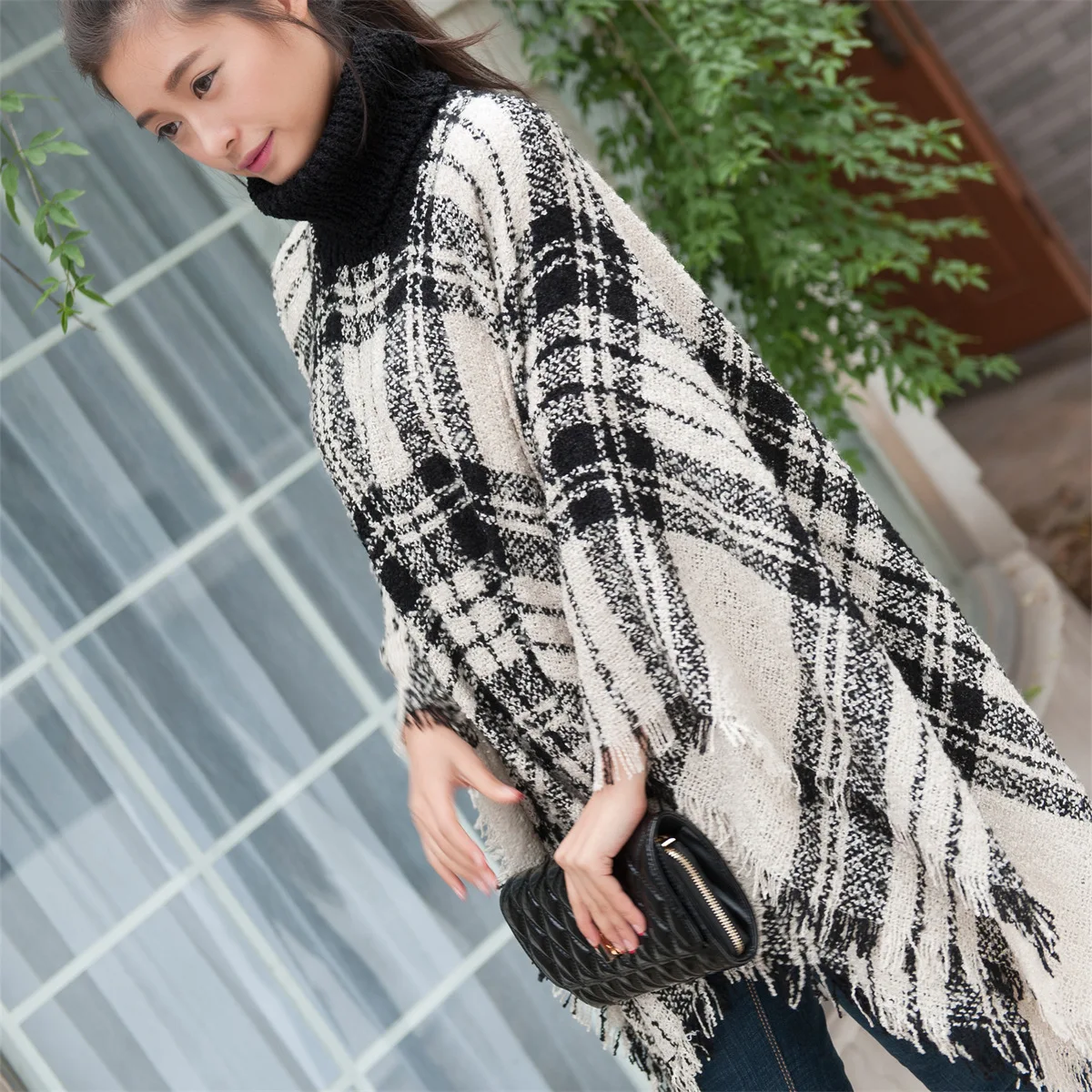 33 Colors Women High Neck Shawl Pullover Long Knitwear Knitted Poncho Autumn Winter Striped Loose Knits Sweater With Tassel