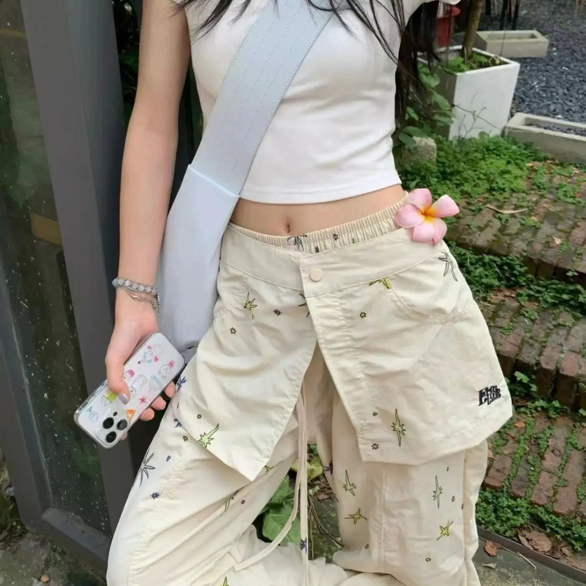 Detachable Star Women White Baggy Cargo Pants Aesthetic High Waist Oversize Parachute Pants Vintage Trousers Clothes