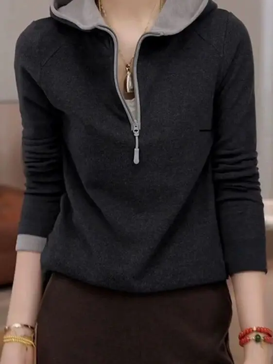 هودي نسائي طويل بسحاب، تصميم أنيق للخريف والشتاء، مقاسات كبيرة، مريح، على الطراز الكوري