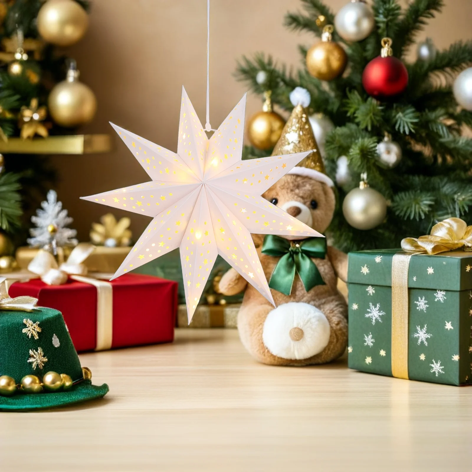 

Christmas Star Paper Lantern With Led Light 13.76 Inch 9 Point Xmas Hollow Paper Star Lampshade Hanging Decoration Light