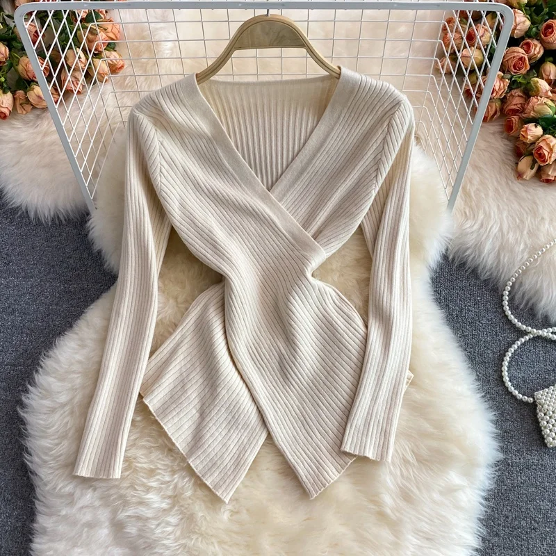 Kobiety Ladies Autumn Winter Slim Knitted Knitwear Knit V Neck Tops Long Sleeve Shirt Blouse Baju Baju Wanita Lengan Panjang