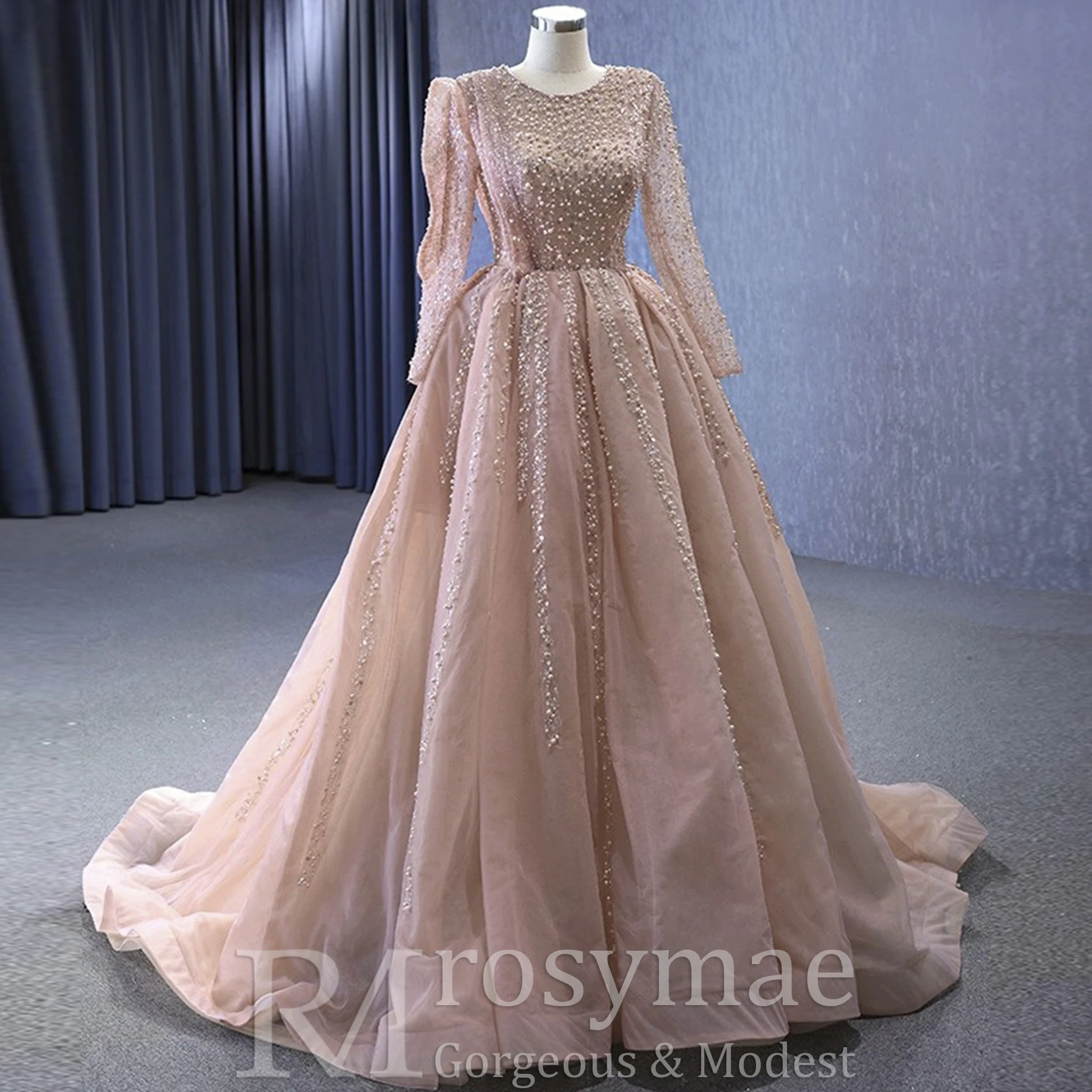 Suknia wieczorowa Rosymae, długa, z długim rękawem, balowa, na konkurs piękności, zdobiona perłami, elegancka, jasnoróżowa, formalna, dla gościa weselnego.