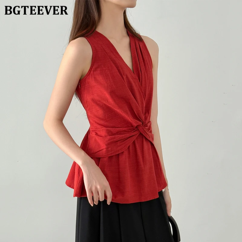 Bgteever verão elegante com decote em v cintura fina senhoras blusas camisas elegantes sem mangas pullovers coletes femininos topos