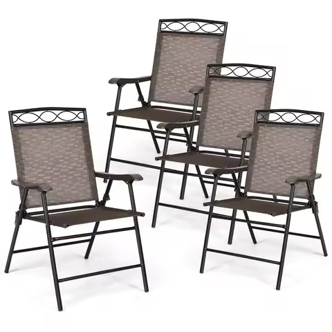 Set of 4 Patio Folding dining chairs for Camping, Beach, Backyard, Deck Portable w Armrest and Metal Frame, 4Pack Brown
