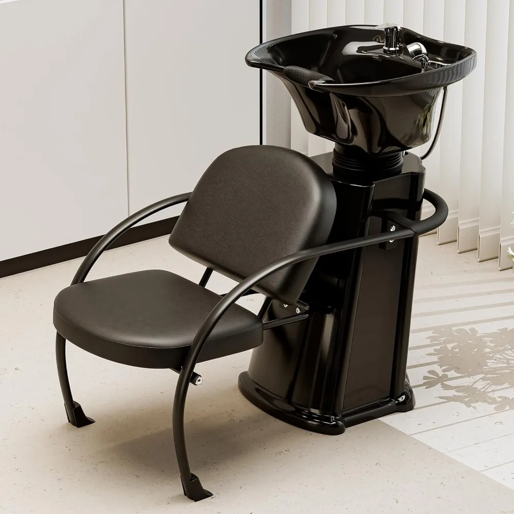 

Backwash Shampoo Bowl and Chair Set, Adjustable Shampoo Station with Tilting Bowl, Professional Reclining Hair Washing Unit for
