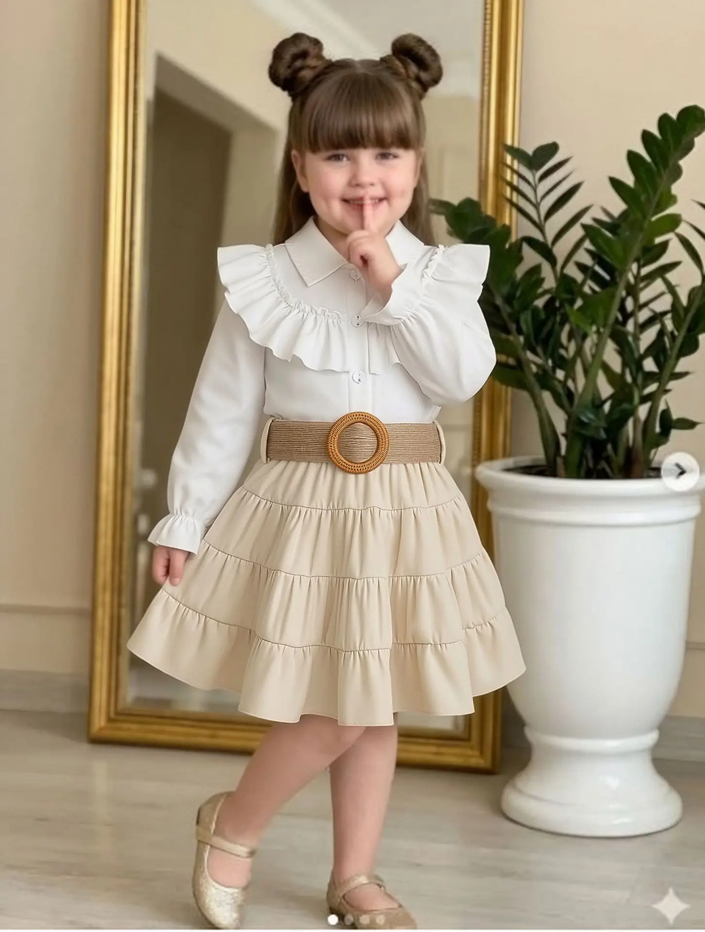 Girl Stand Collar Lotus Leaf Side Long Sleeve Top Cake Short Skirt with Belt Three Piece Set European and American Style