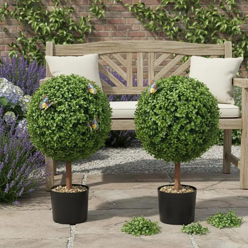 

2-Pack Faux Topiary Spheres 16-Inch For Garden Porch Patio, PE Plastic Foliage Real Wood Trunk Pot Included 4 Butterflies 10