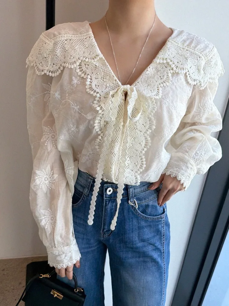 

Korean Style Lace Embroidery Large Collar Shirt Women's Sweet Ageless Atmosphere Sensation Spring 2026 Long Sleeve Bubble Sleeve