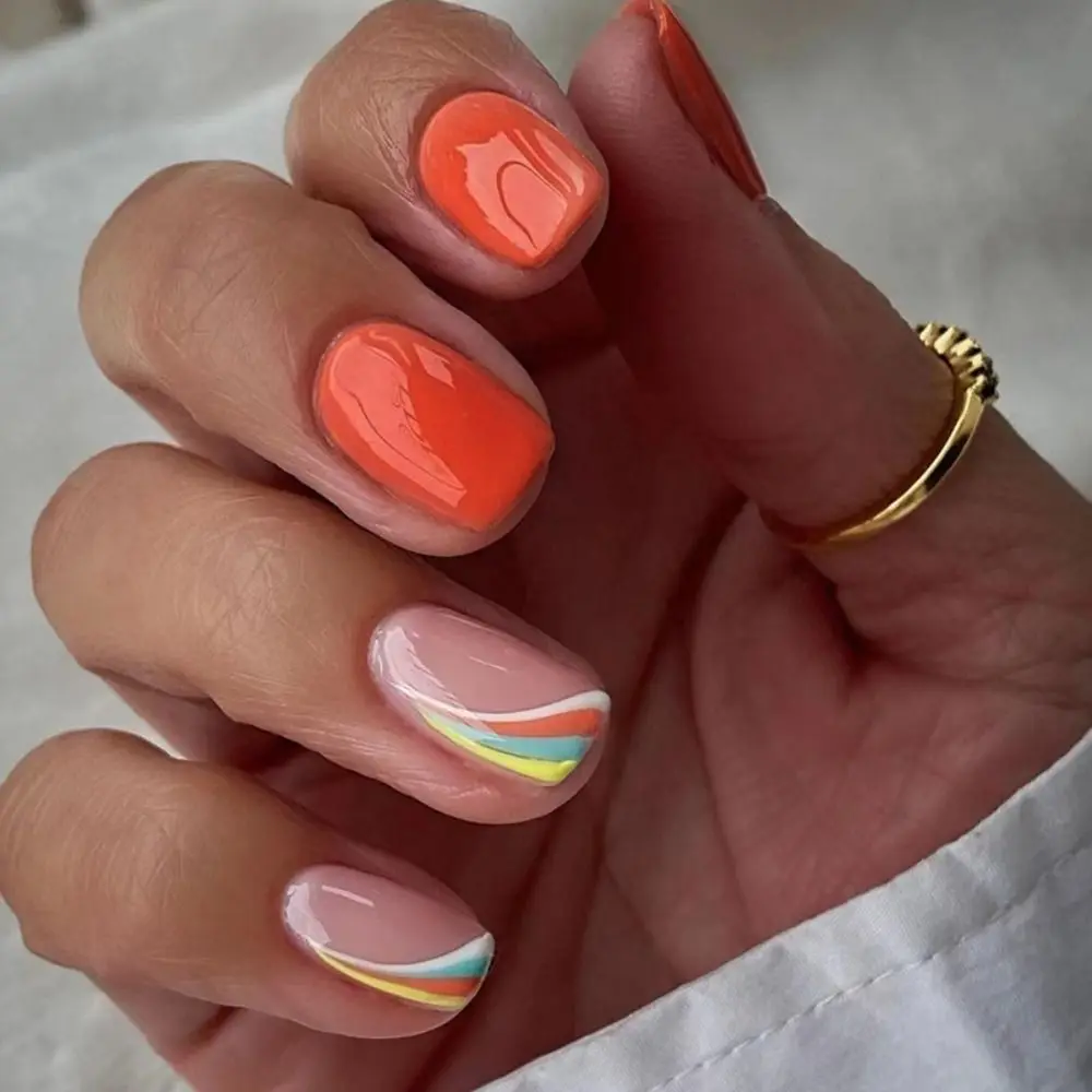 New Long Square False Nails White Lips Starbursts Rainbow Stripes Fake Nials Small Flower French Nail Tips DIY